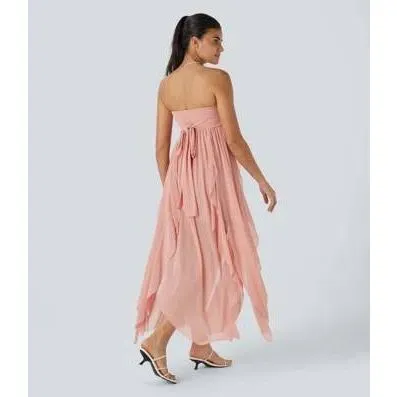 NWT Halara Tube Tie Back Draped Ruffle Flowy Maxi Dress size L Pink - Image 2