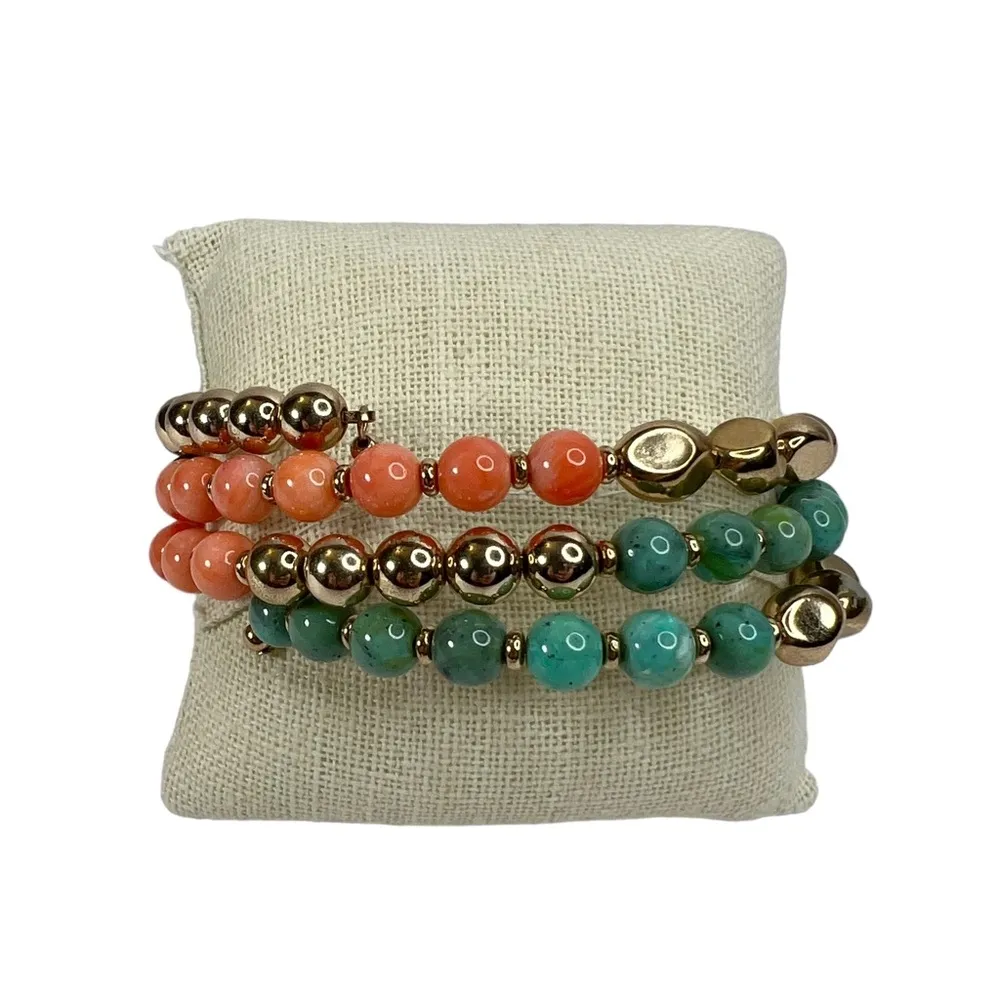 Plastic Gold, Blue & Peach Beaded Memory Wire Bracelet - Image 4