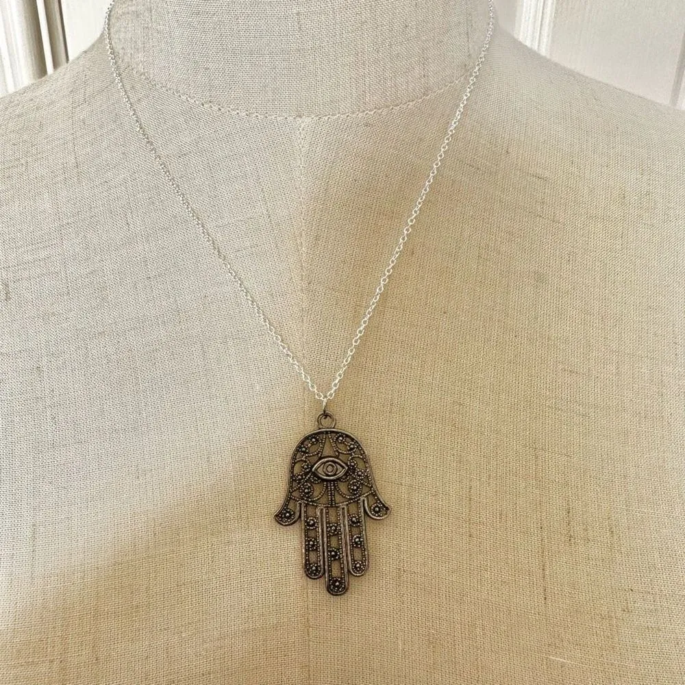 Silver tone Hamsa hand pendant necklace - Image 3