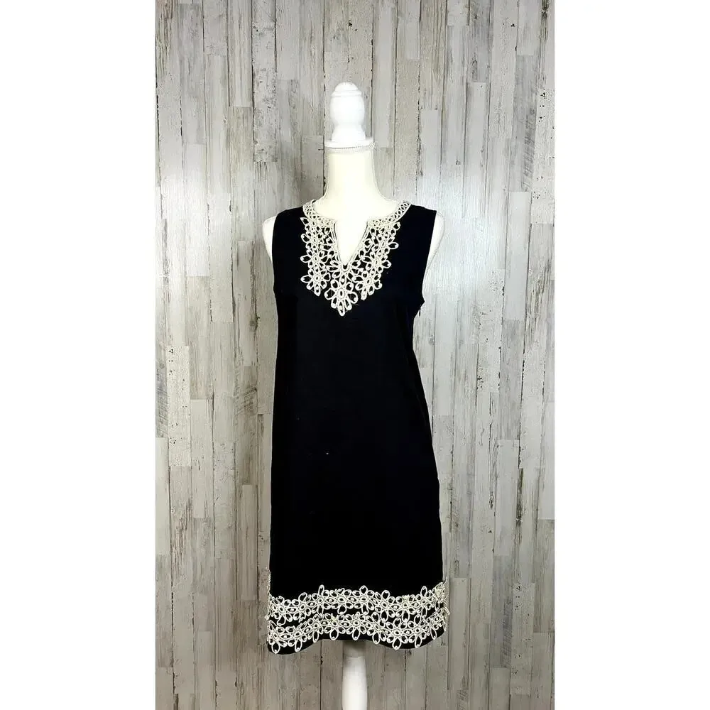 Mudpie Women's Medium Black Shift Dress w/‎ Gold Lace Trim Sleeveless V-Neck - Image 3