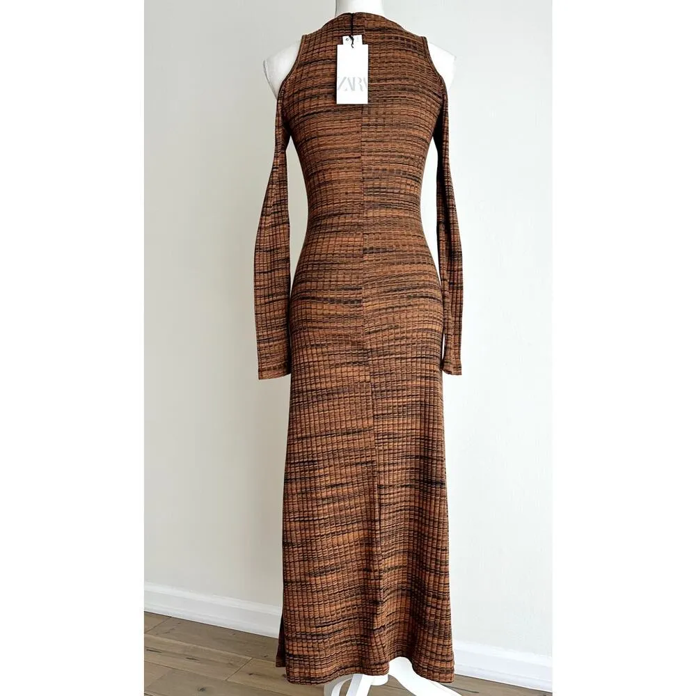 Zara Ribbed Knit Midi Dress Long Cutout Sleeve Brown A Line Cotton Blend S NWT - Image 7