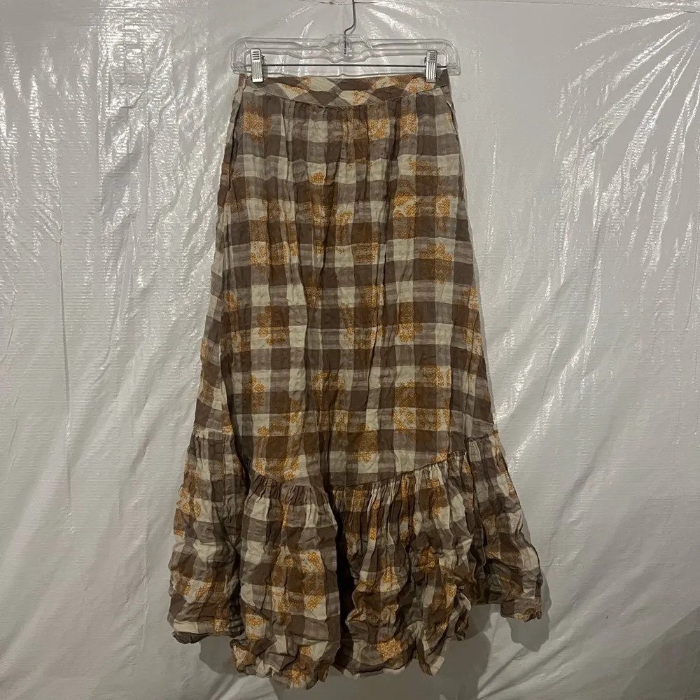 Urban Outfitters Brown Plaid Peasant Linen Skirt Size XS - Image 4