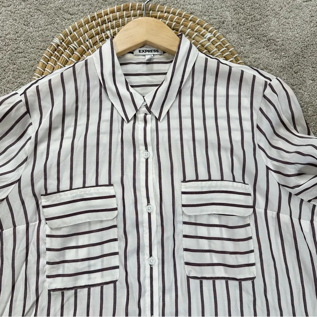 Express Women’s The City Stripe Button Up Shirt Top Longsleeve Office White L - Image 3