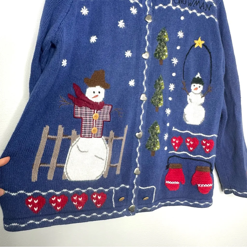 Vtg 90s Quacker Factory Cardigan Snowman Winter Holiday Granny Knit Sweater L - Image 2