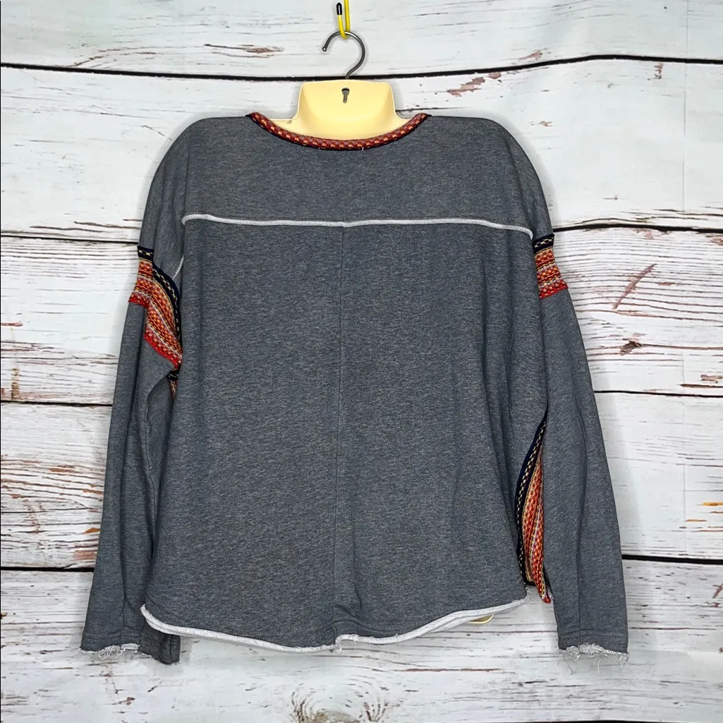 Natural Life Size L/XL Gray - Stripe Knit Trim Oversized Sweatshirt Top - Image 2