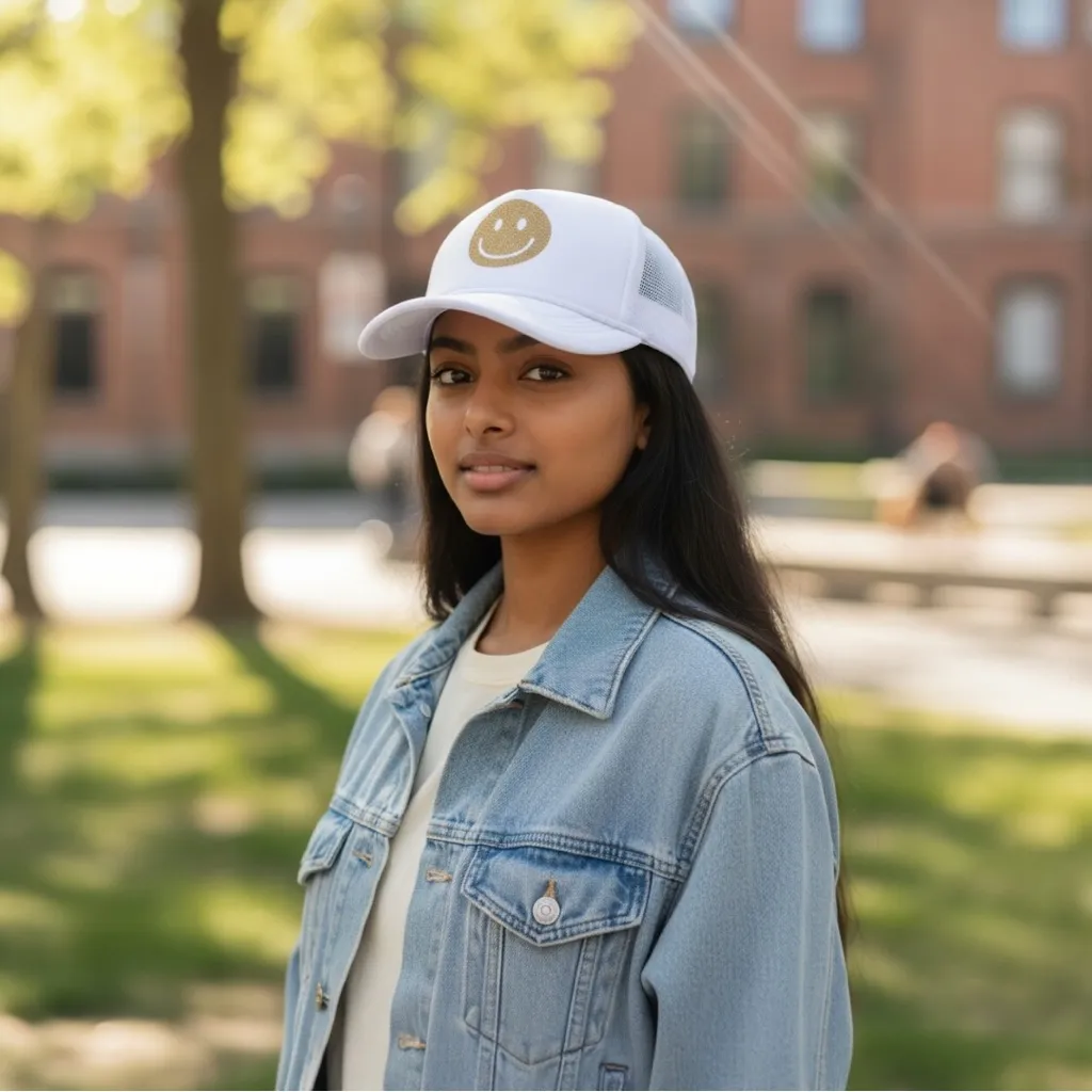 White Trucker Hat with Gold Smiley Face - Image 2
