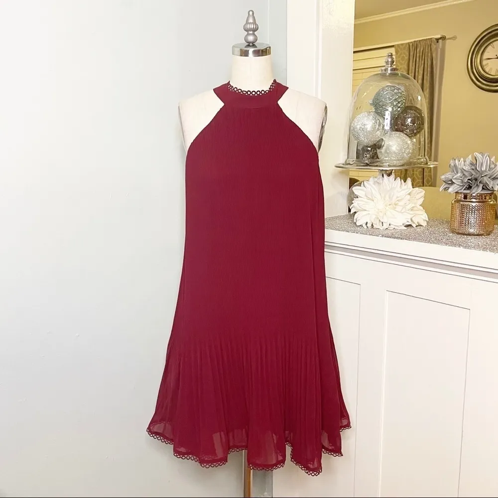 Lulu’s Red Pleated Chiffon Halter Neck Mini Swing Dress Small - Image 4