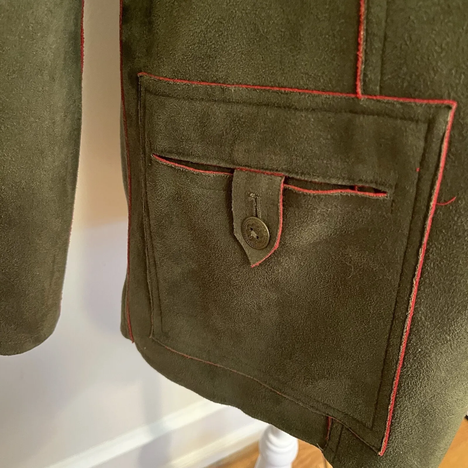 Alfred Dunner‎ Dark Olive Green and Red Faux Suede Shacket Jacket Women's 10 - Image 3