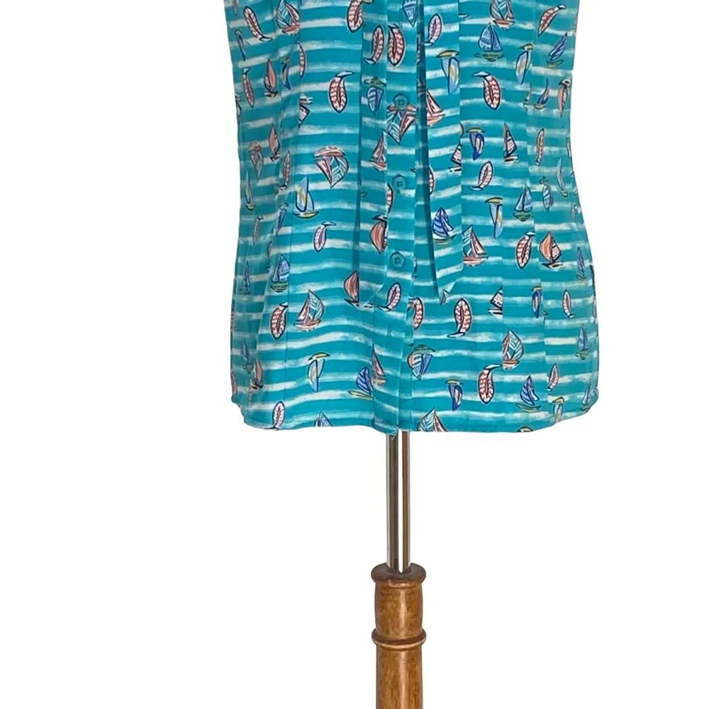 Modcloth  Tie Neck Sailboat Novelty Print Blouse Blue Size S Cap Sleeve Coastal - Image 5