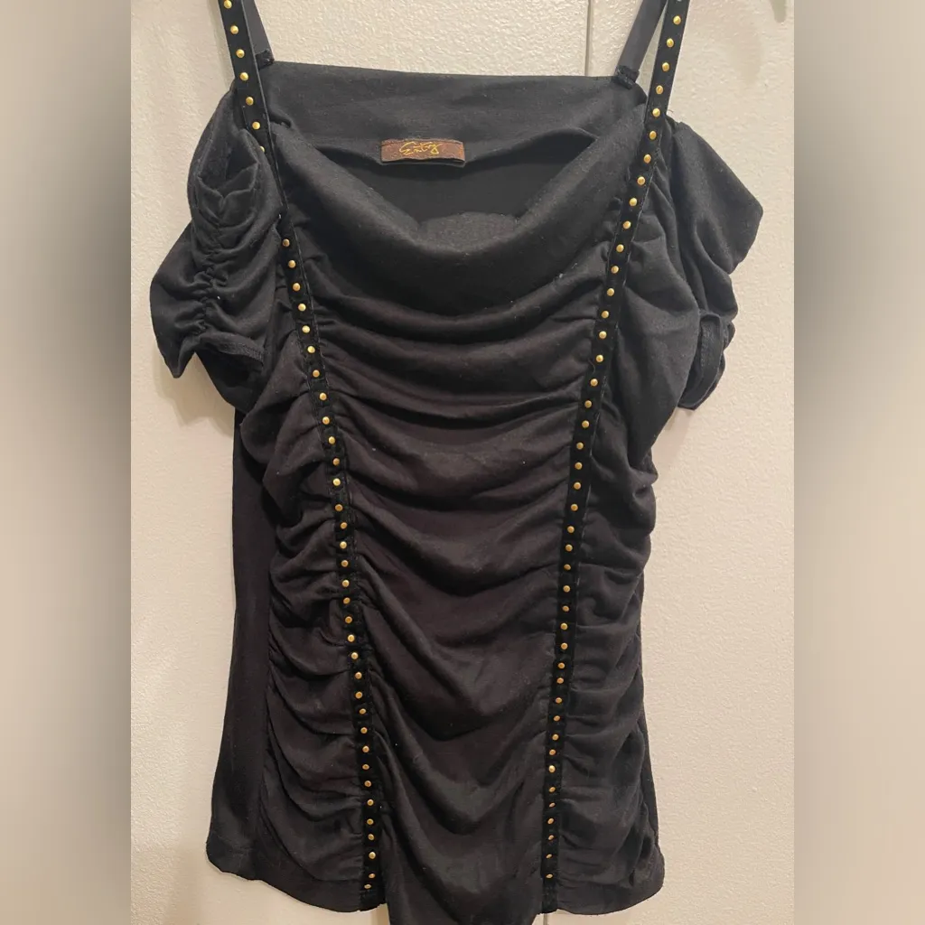 NWOT Entry Black Off Shoulder Ruched Studded Top - Image 7