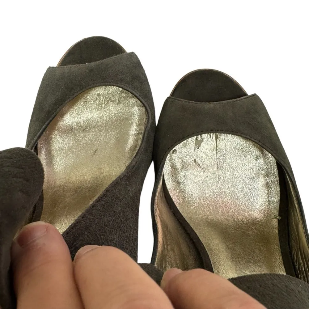 MICHAEL SHANNON Olive Green Suede Peep Toe Ankle Strap Platform Heels Pumps - Image 10