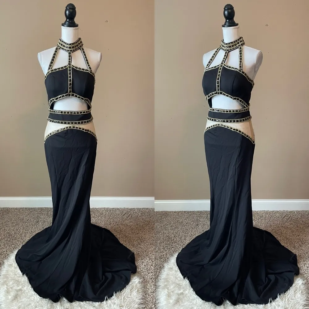 JASZ COUTURE | Black Beaded Halter Cutout Gown Sz 10 - Image 2