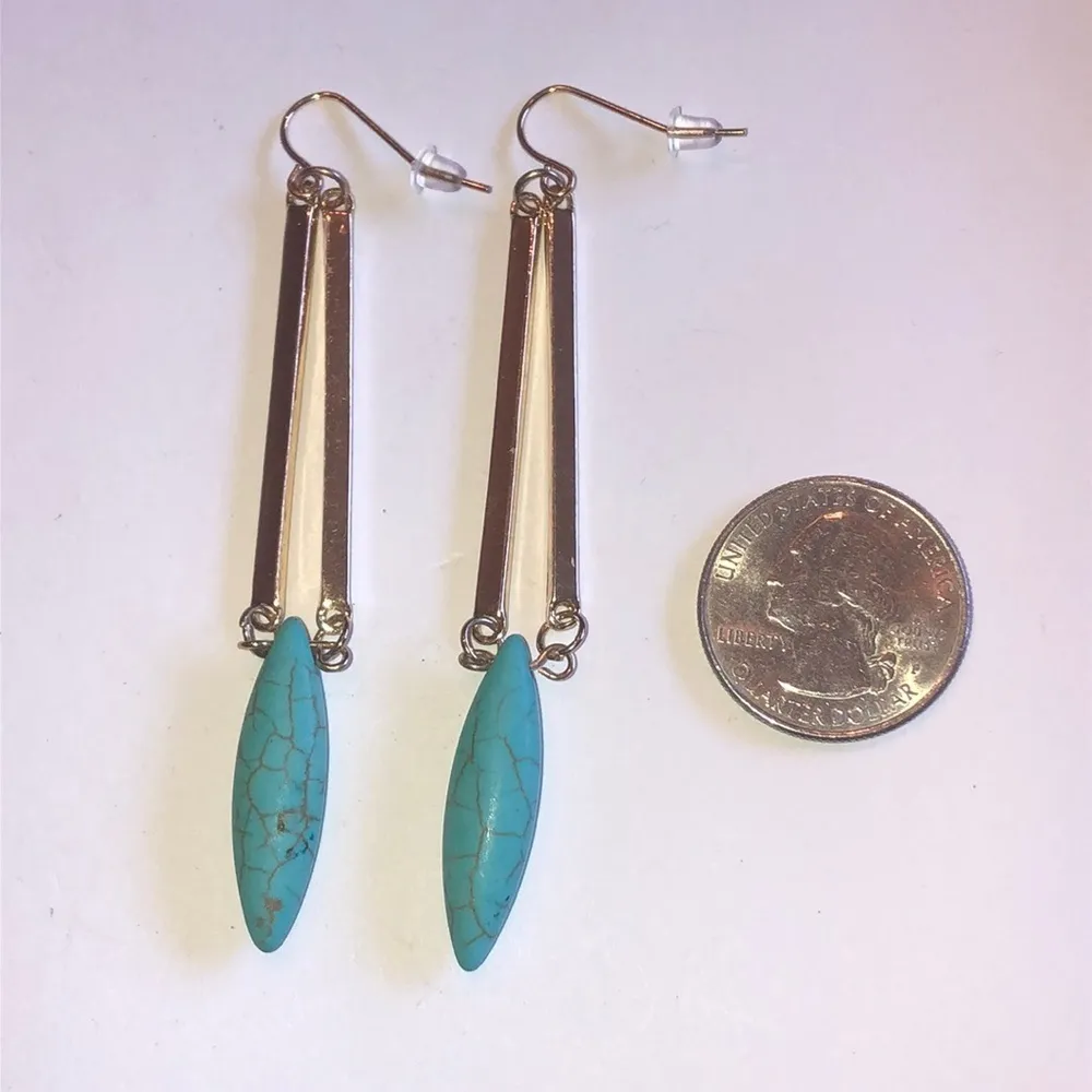 Gold Tone & Faux Turquoise Dangling Boho Statement Pierced Earrings - Image 2