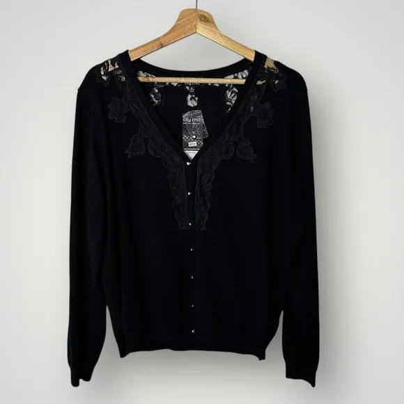 City Chic Black Lace Trim Crystal Button Cardigan Medium V-Neck Knit Sweater - Image 2