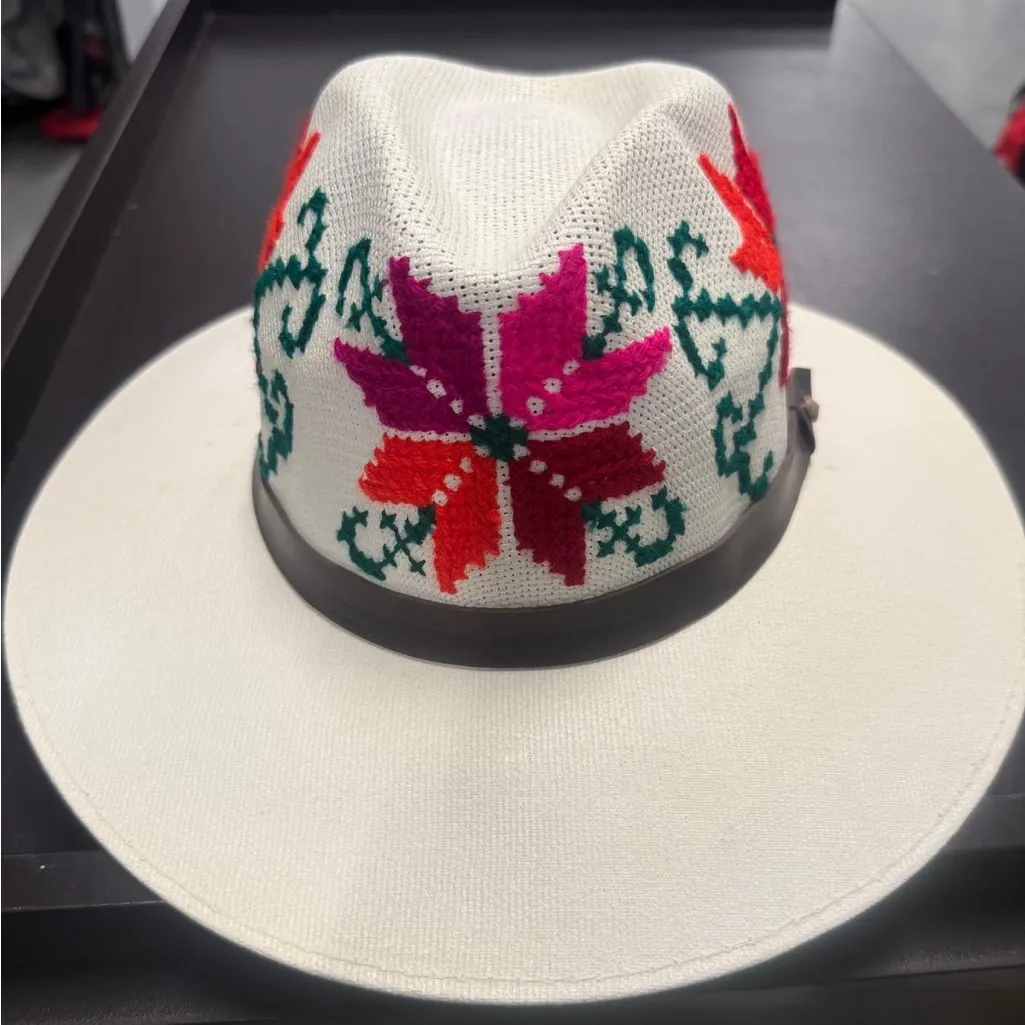 Panama Fedora Hat Hand Embroidered Huasteca Potosina Mexico Boho Artisan White - Image 4
