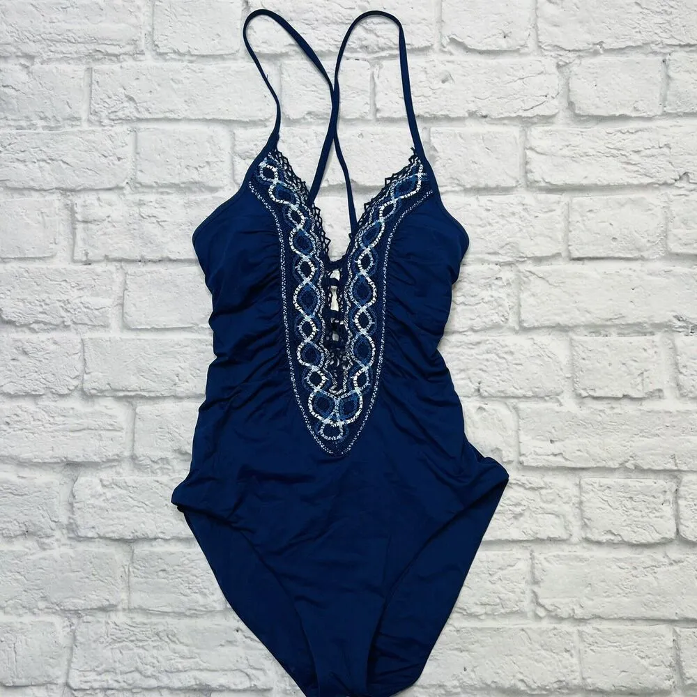 Becca Tallulah Clair Crochet Plunge One Piece Swimsuit Navy Blue S New - Image 2