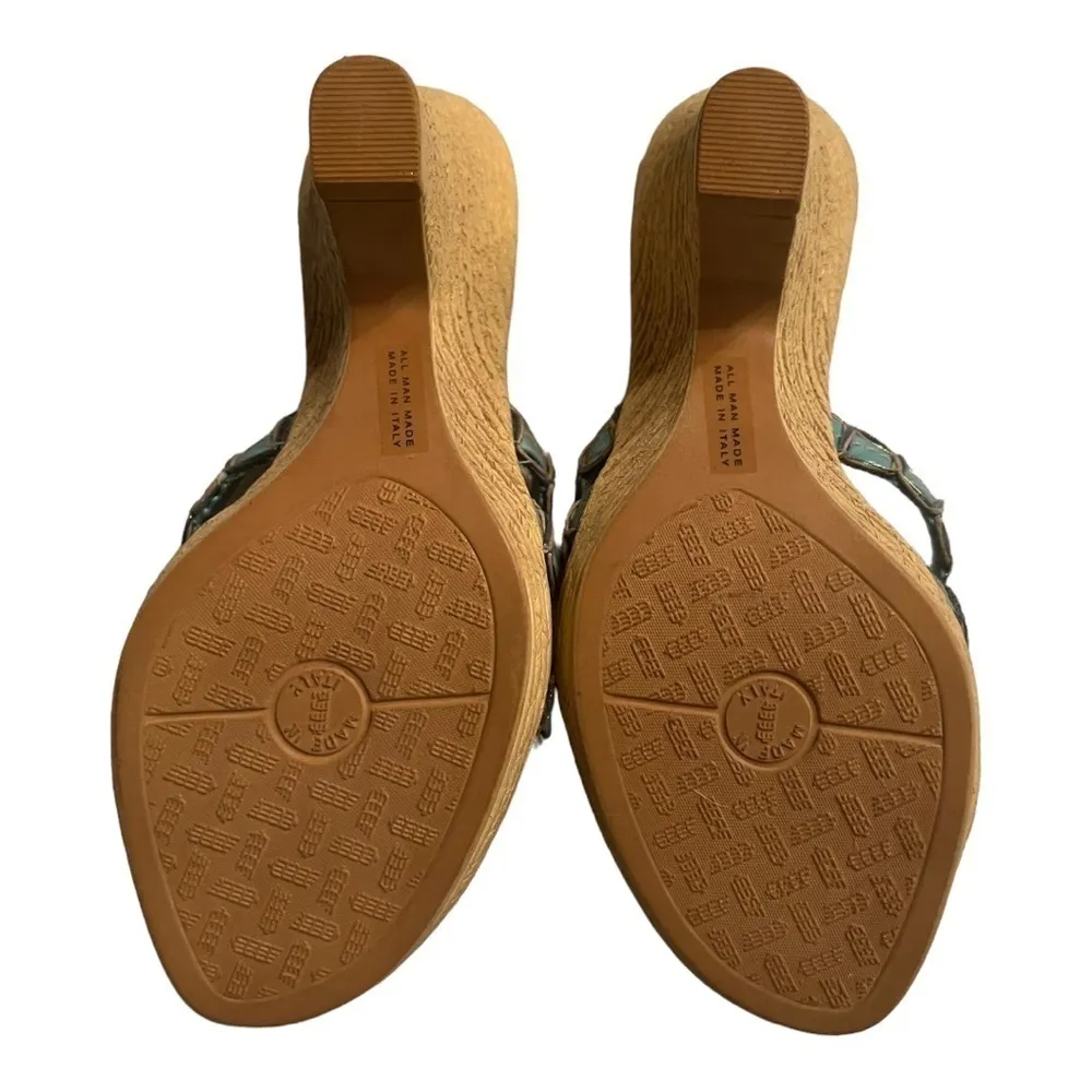 Damiani’s Italian Turquoise Leather Wedge Heel Strappy Sandals Size 8 Blue - Image 3