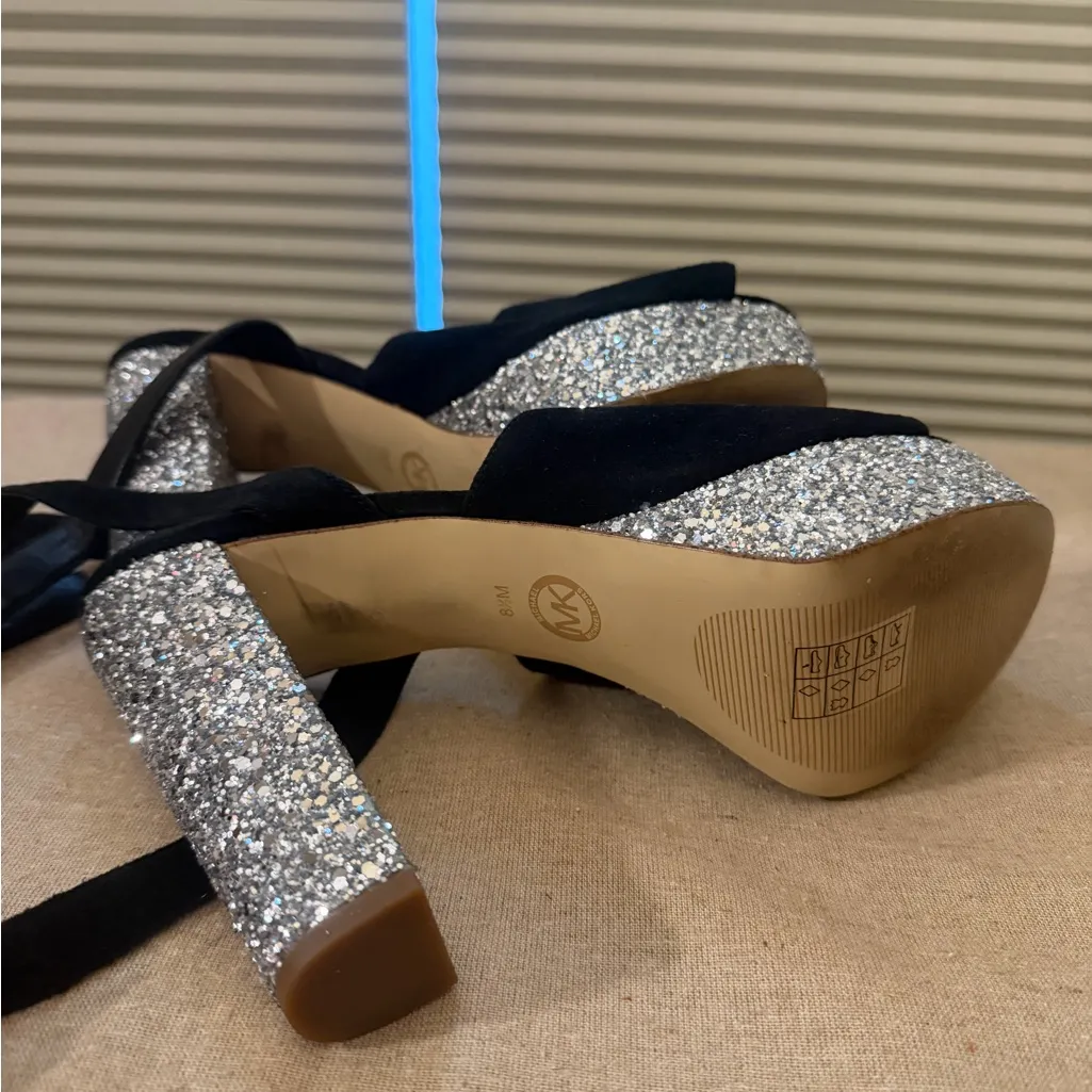 MICHAEL Michael Kors Striking Black Suede Platform Mules w/Silver Glitter Heels Size 8.5 - Image 3