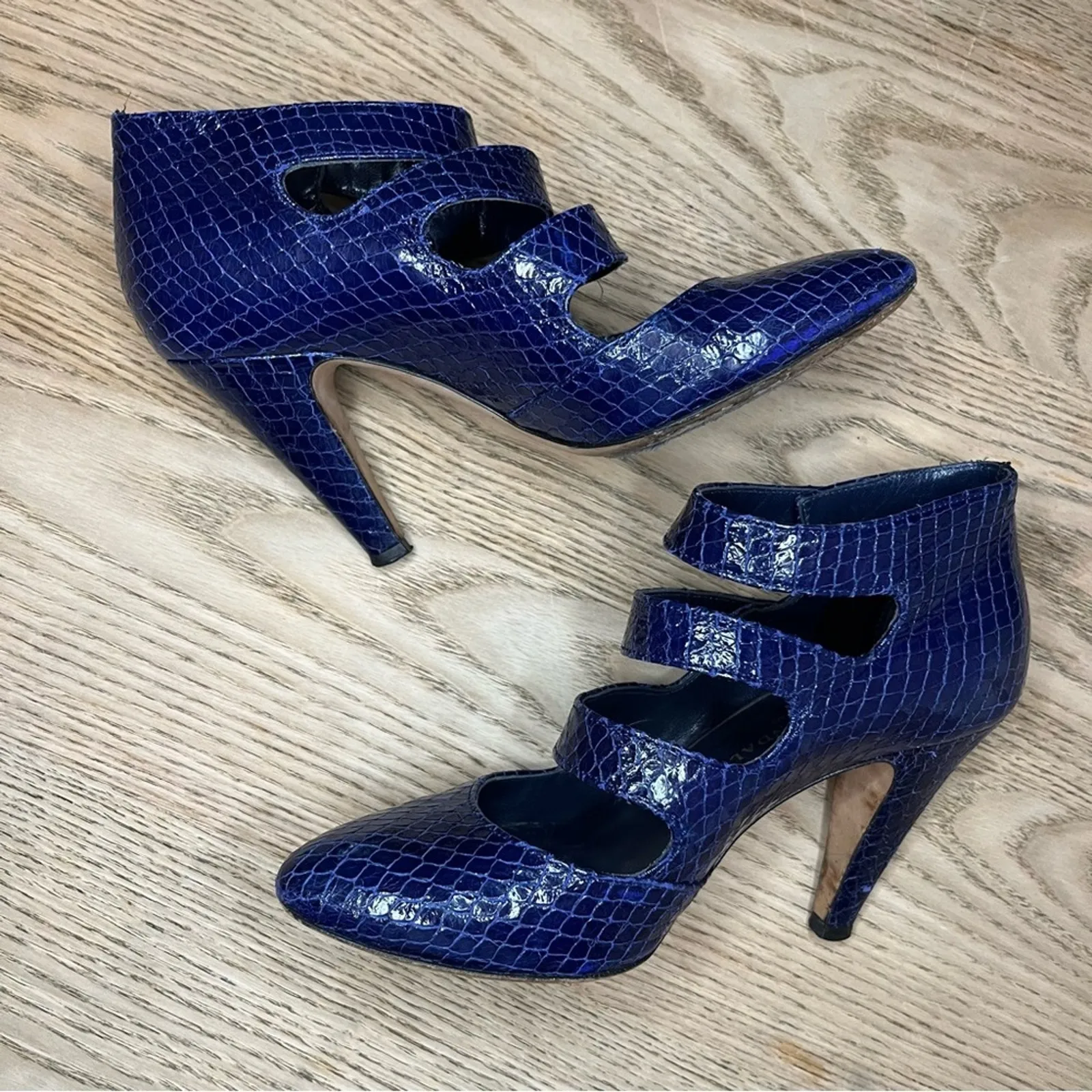 Loeffler Randall 3-Strap Mary Jane Snakeskin Leather Heel Blue Women’s Size 6 - Image 8