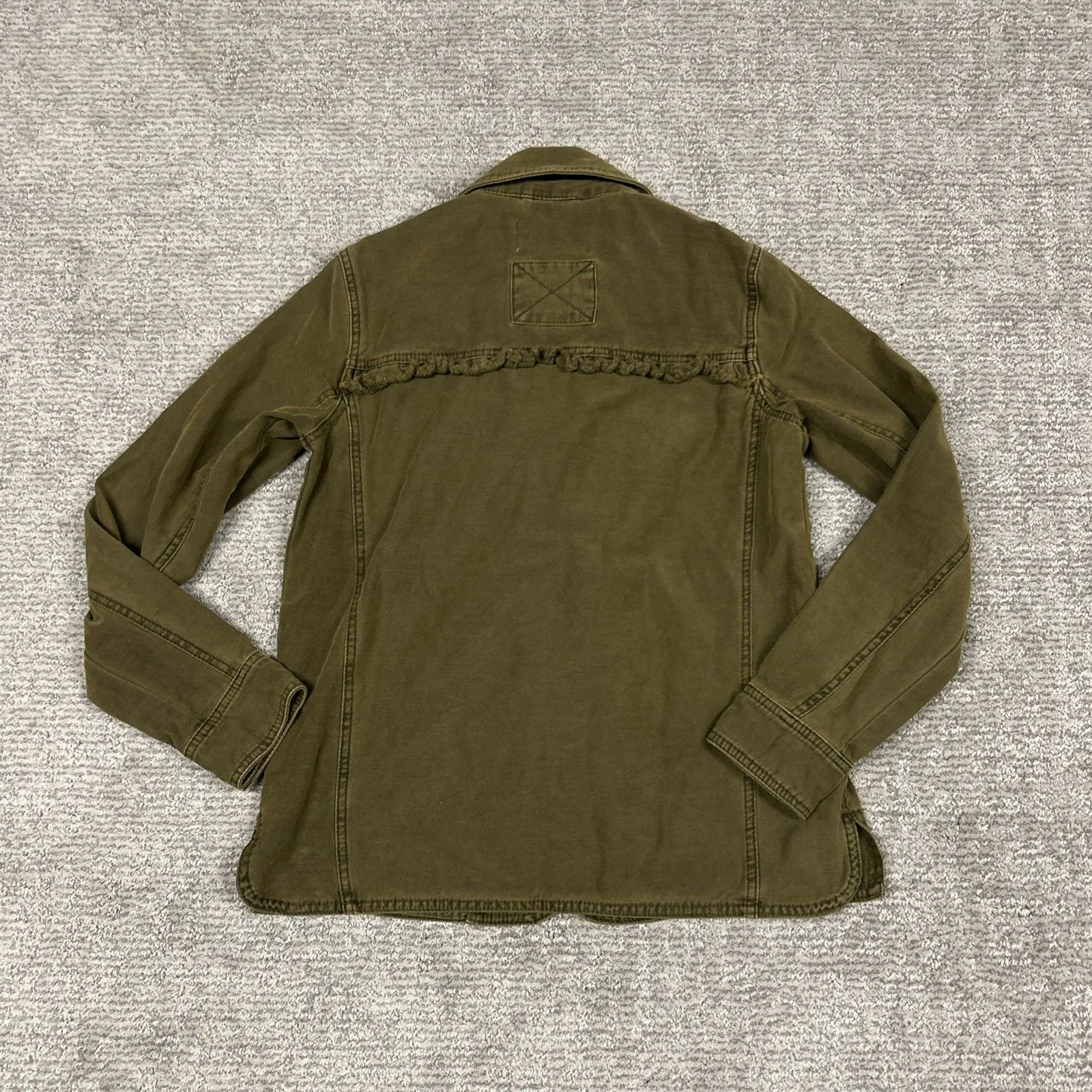 Anthropologie Jacket Womens XS Olive Green Button Front Ruffle Pockets Cotton - Image 6