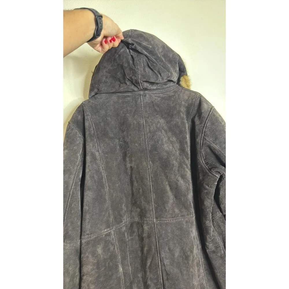 Dennis Basso Coat Womens 2X Brown Leather Faux Fur Trim Hooded Button Long - Image 12