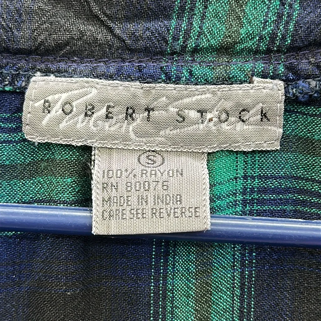 Vintage Robert Stock Rayon Button Up V Neck Collarless Blouse Shirt Womens Small Green - Image 10