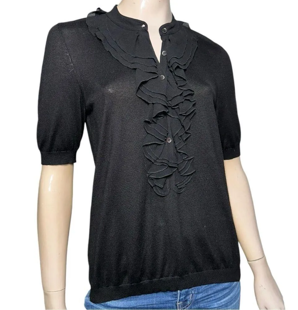 Hugo Boss Women’s Size M Black Silk Cashmere Knit Ruffle Front Henley Sweater - Image 2