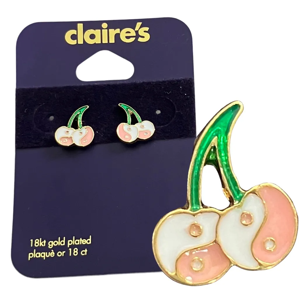 NWT Claire’s 18KT Rose Gold Plated Yin Yang Cherry Earings Pink White Preppy Y2K - Image 2