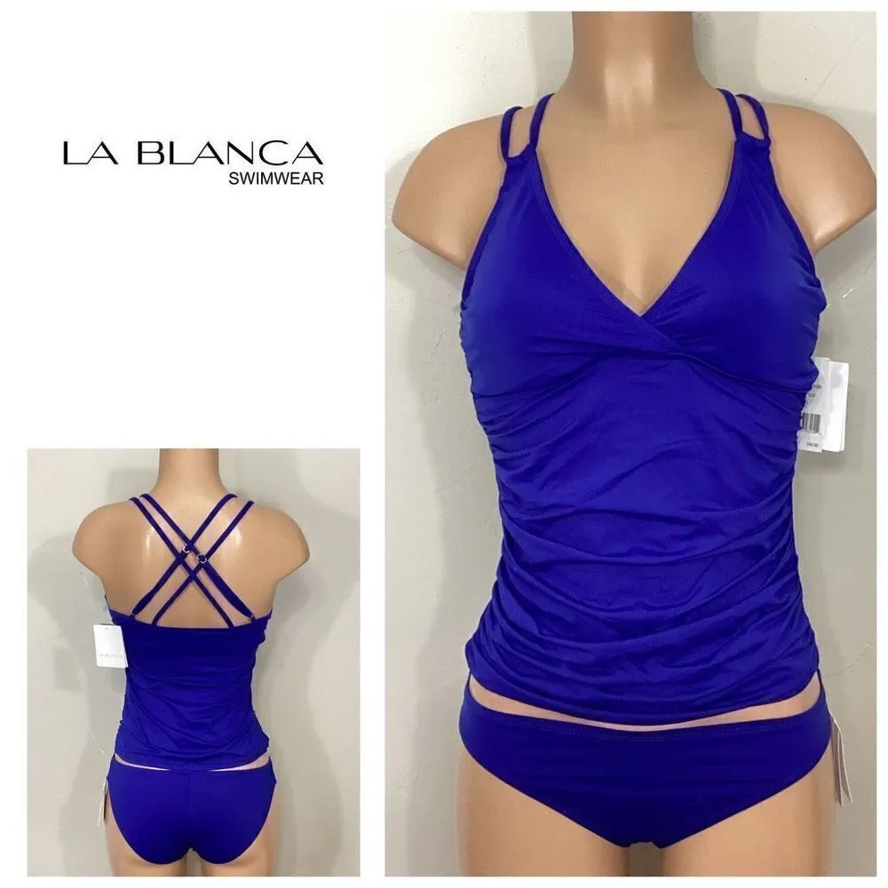 New. La Blanca Blue ruched V-neck underwire tankini set. Size 14/L - Image 7