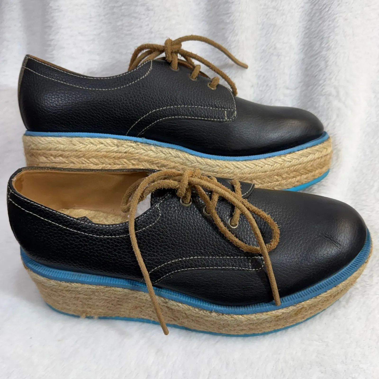 John Fluevog 4 Platform Oxford Shoe Black Espadrille Jute Designer Boho Artsy - Image 3