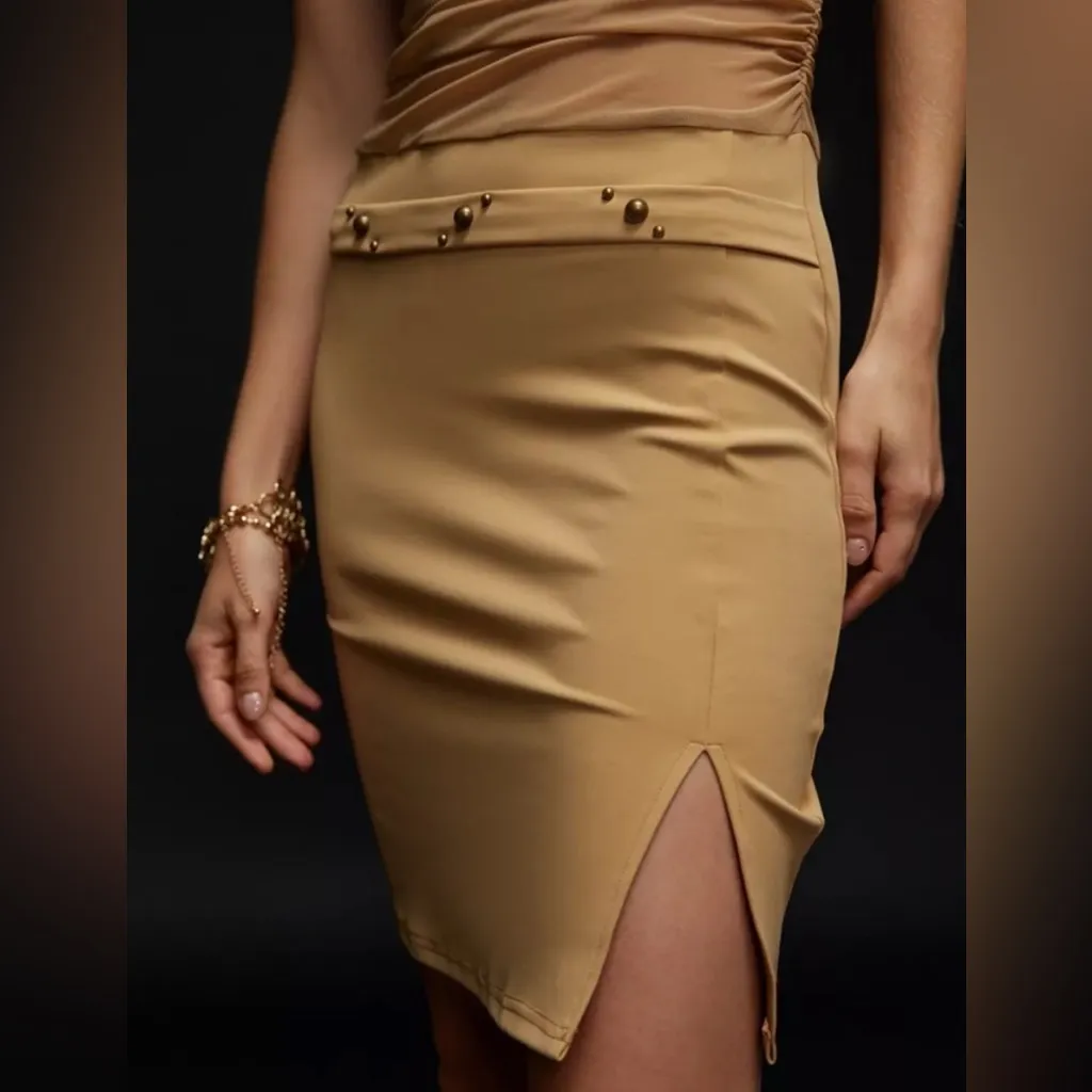 NWT UO Zemeta Mesh Low Belt Y2K Ruched Tan Mini Dress - Image 4