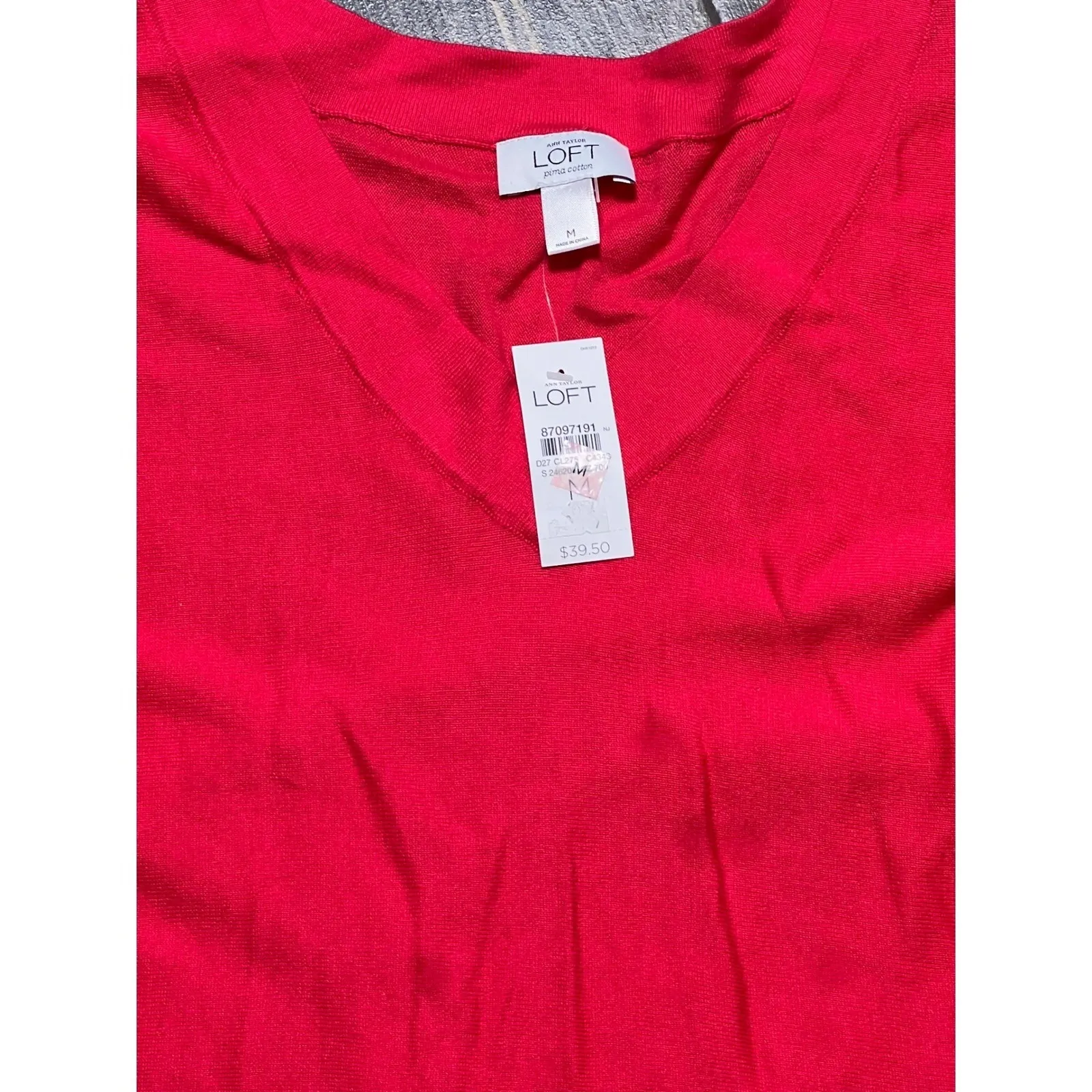 LOFT Red Pima Cotton V Neck Sweater Knit Top Pullover Size Medium Lightweight ** - Image 3