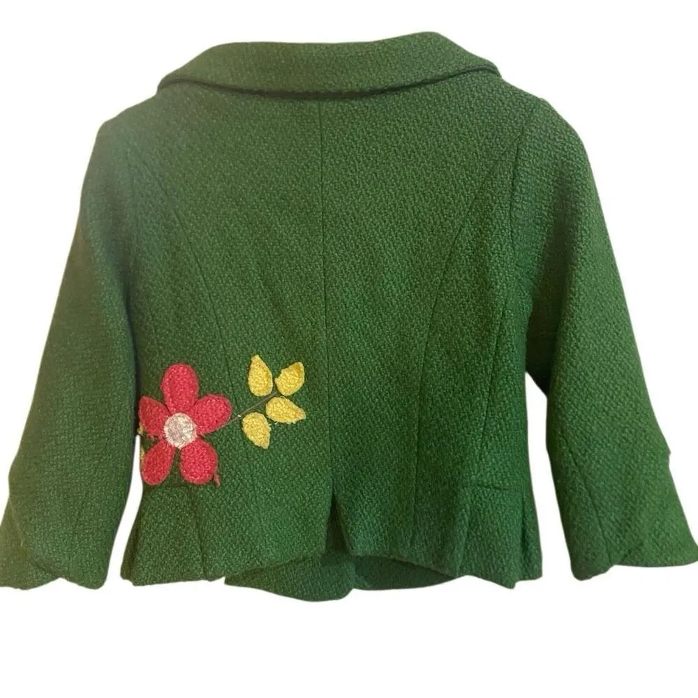Anthropologie IF Kelly green flower appliqué suit jacket blazer wool blend short - Image 3