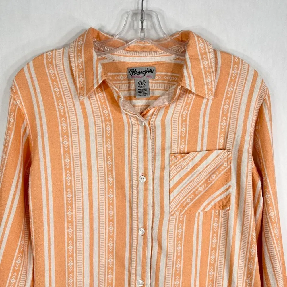 Wrangler  Wrancher Shirt Small Top Orange Cream Striped Western Boho Collared 151 - Image 3