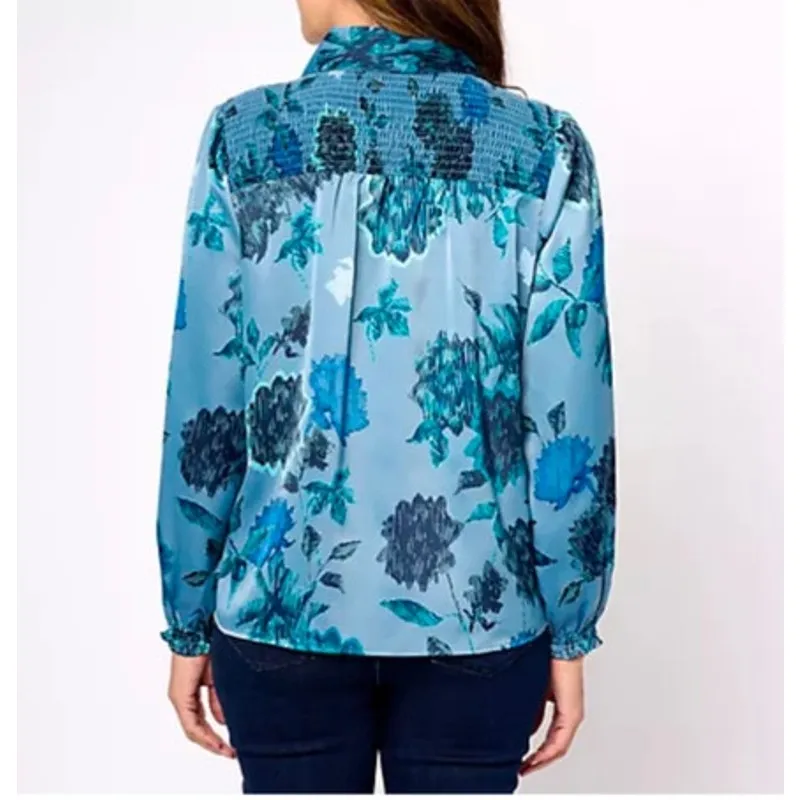 Canyon Retreat Denim‎ & Co. Blue Floral Silky Satin Long Sleeve Blouse Size 2X - Image 2