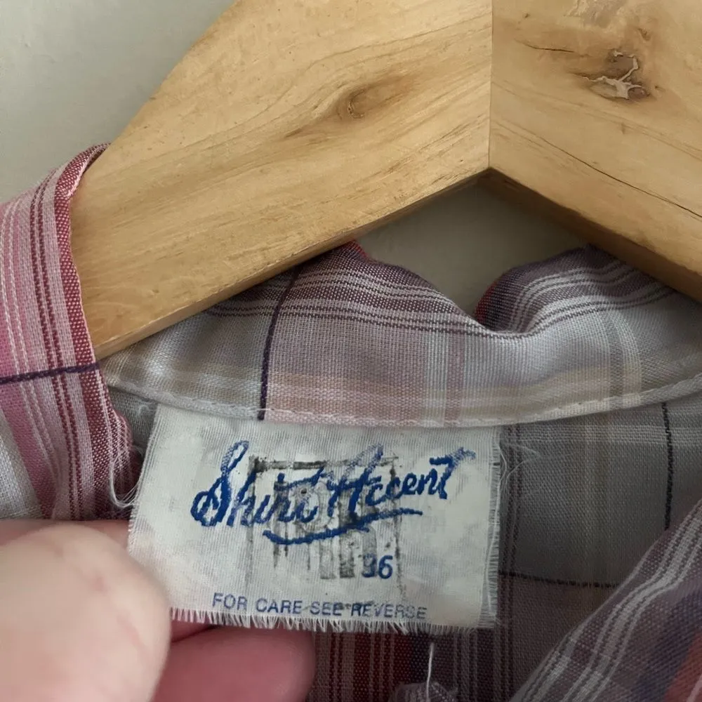 Vintage Shirt Accent Plaid Blouse Pink Gray White Sheer Button Up Top 36 Purple - Image 3