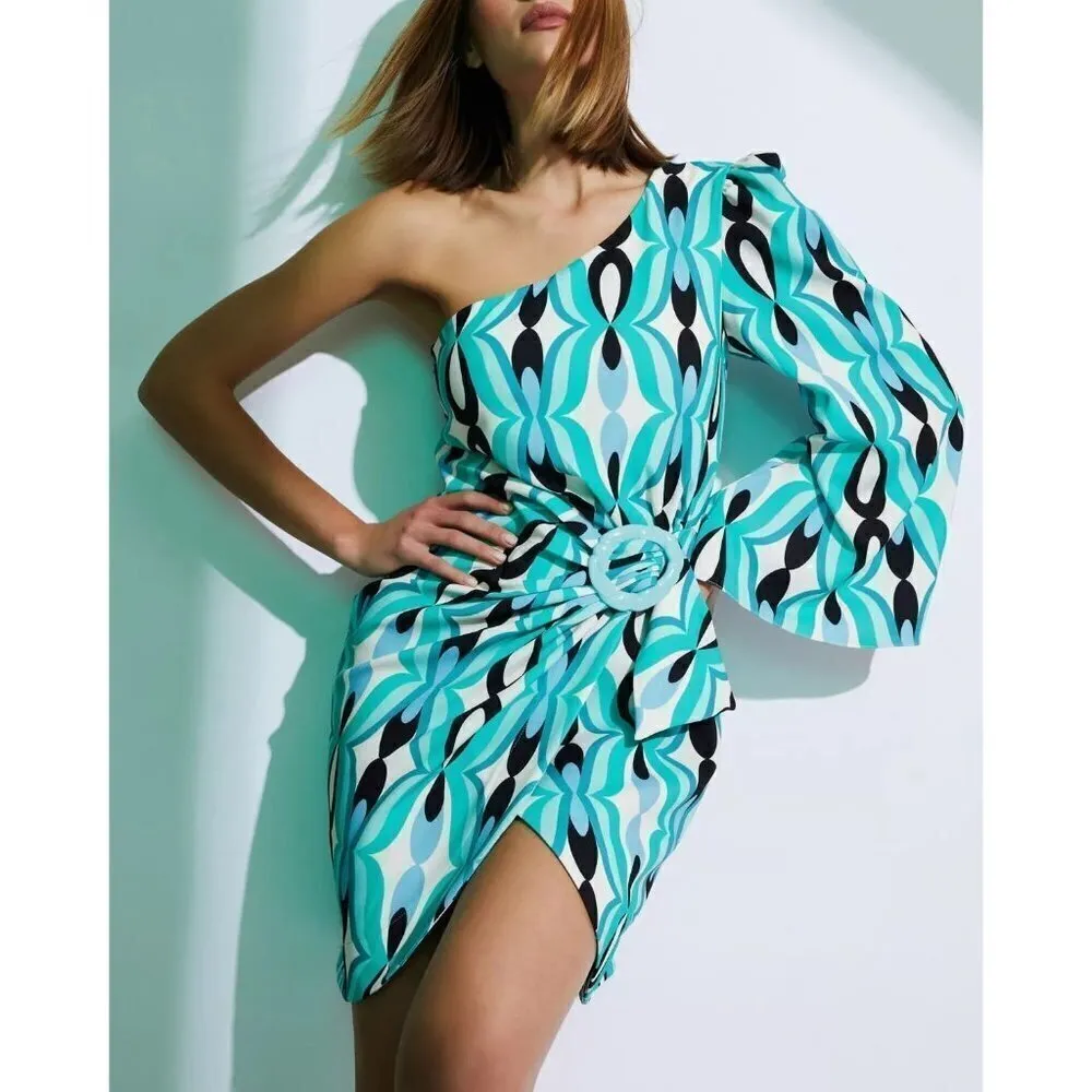 PatBO Twist One Shoulder Mini Dress in Piscene Blue 2 New Womens Cocktail - Image 12