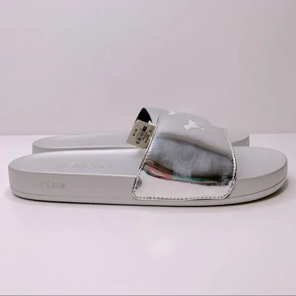 PINK‎ Victoria Secret Silver Single Padded Strap Slides With White Logo Dog - Image 4
