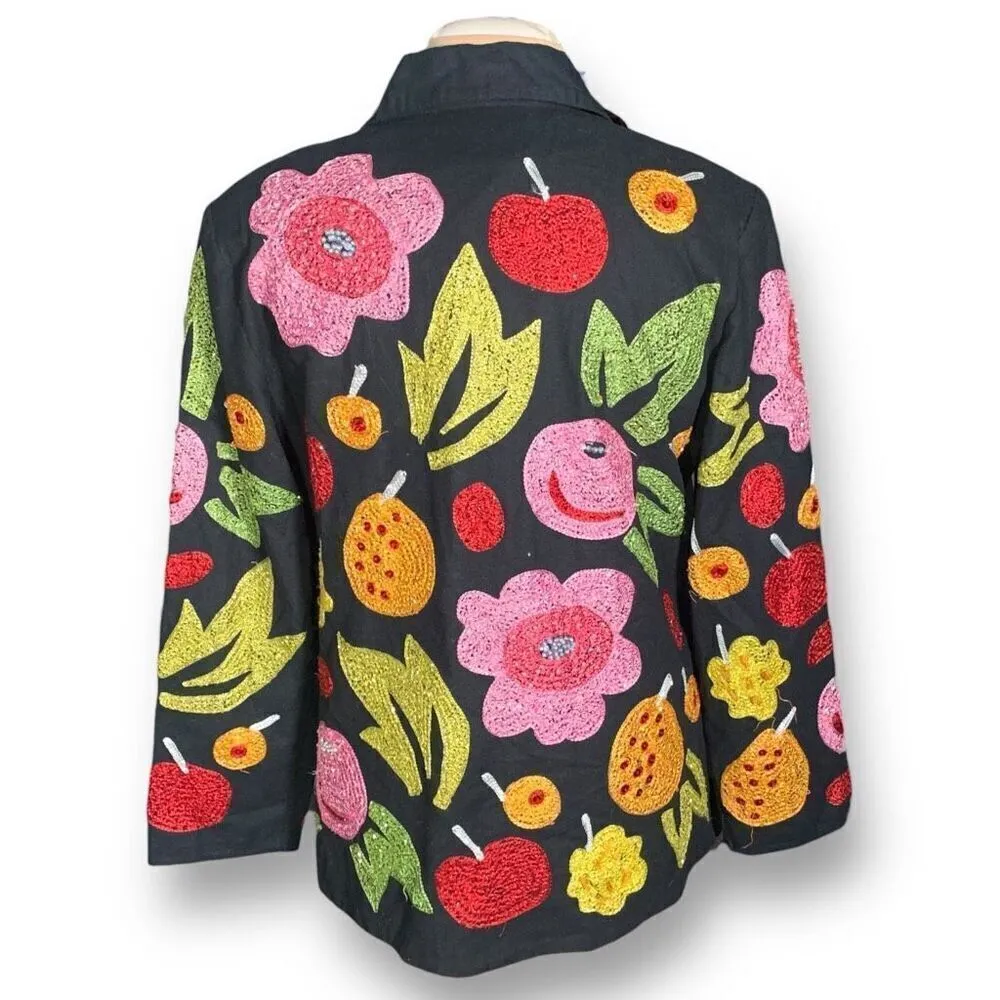 Vintage 90s Shirt Jacket Black Oversized Multicolor Fruit Floral Printed Shacket Size M - Image 4