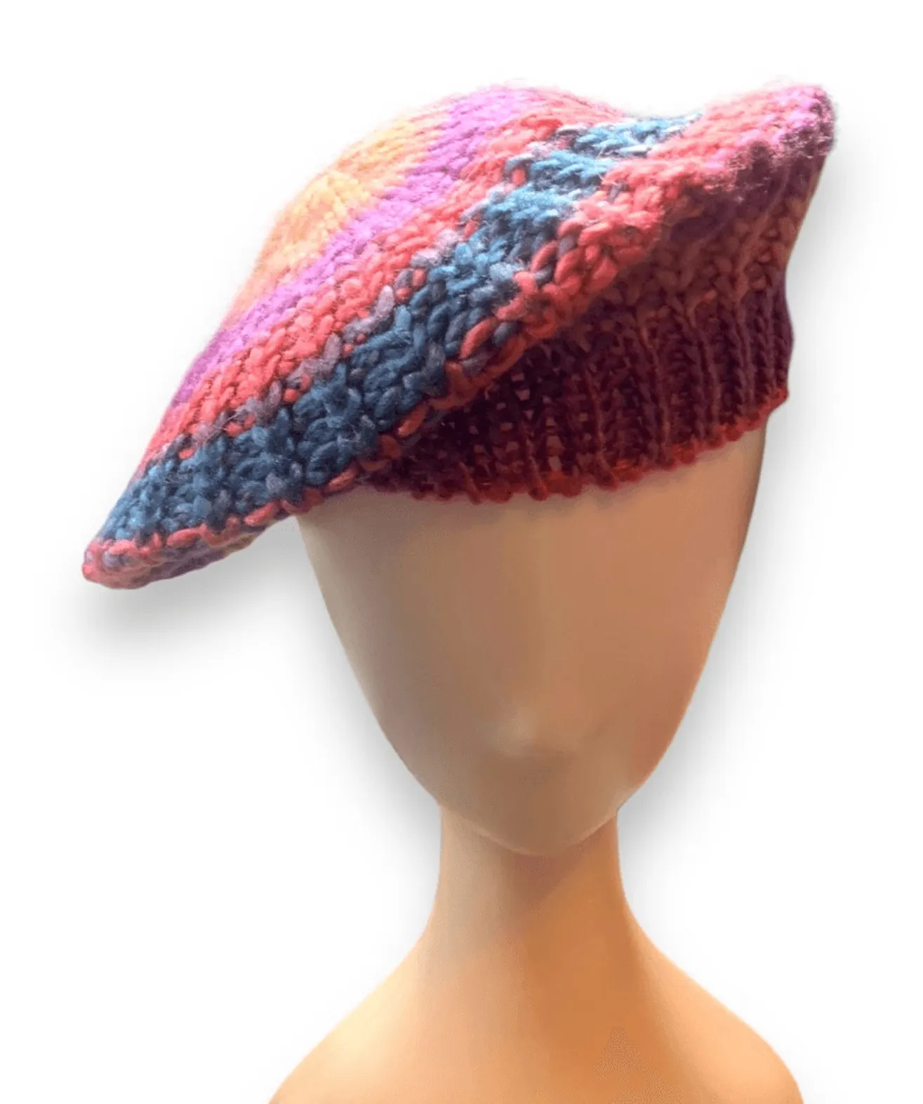 Knit Beret Hat Coral Pink Orange Purple Blue Tonal Shades Warm Winter Essential - Image 1