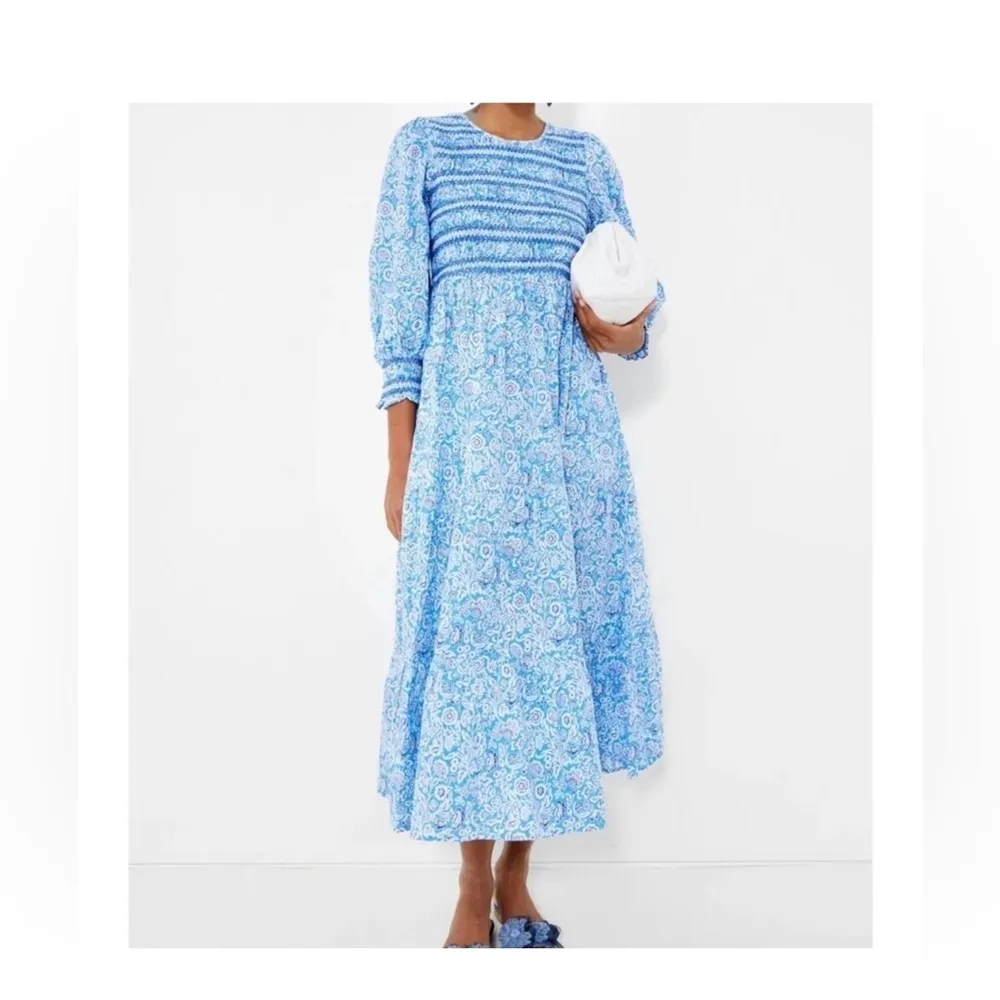 Pink City Prints Isabel Dress S NWT Ornate Sky Blue Cotton Midi Smocked - Image 11