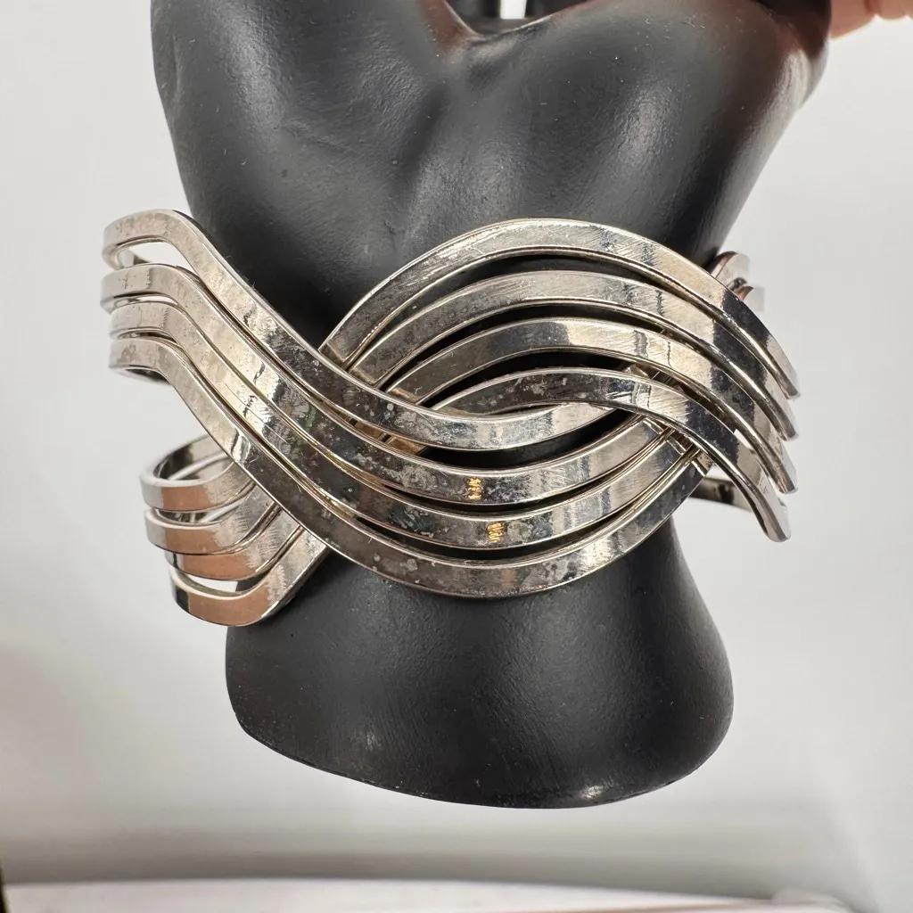 Sterling Silver Multi Strand Wave Bangle Bracelet Stamped 925 Vintage Estate - Image 3