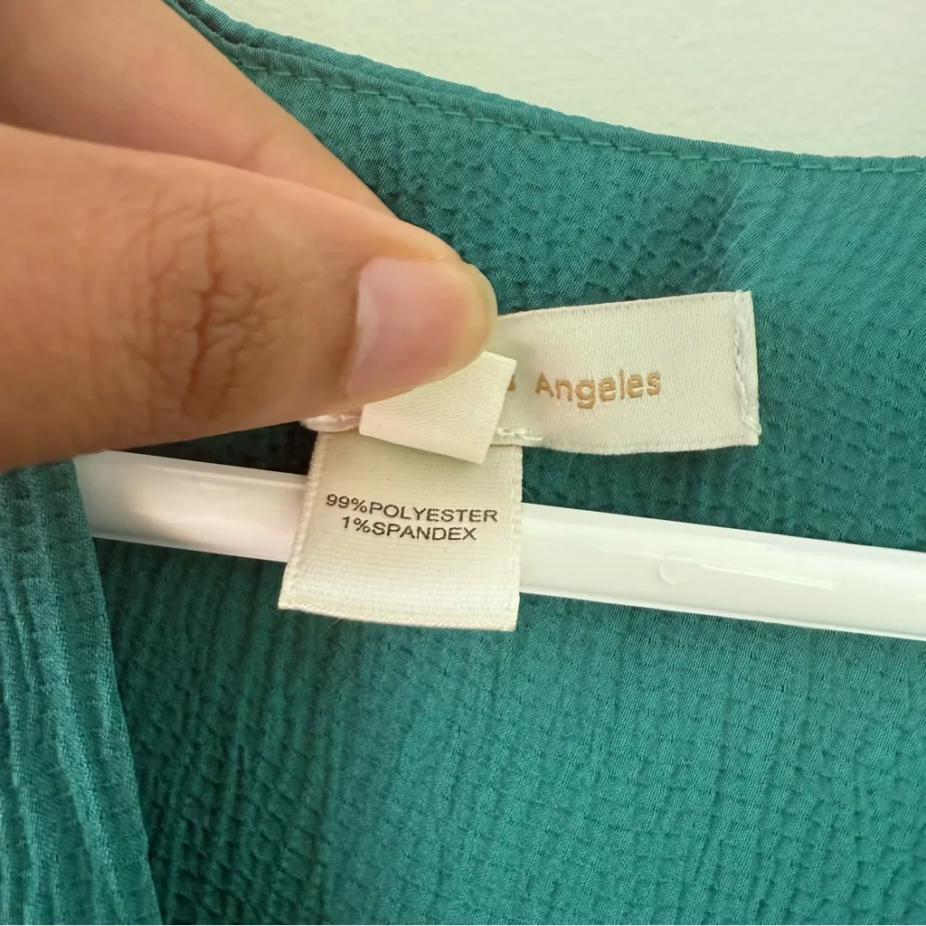 Monteau Green Faux Wrap Blouse Size S V-Neck Smocked Hem - Image 4