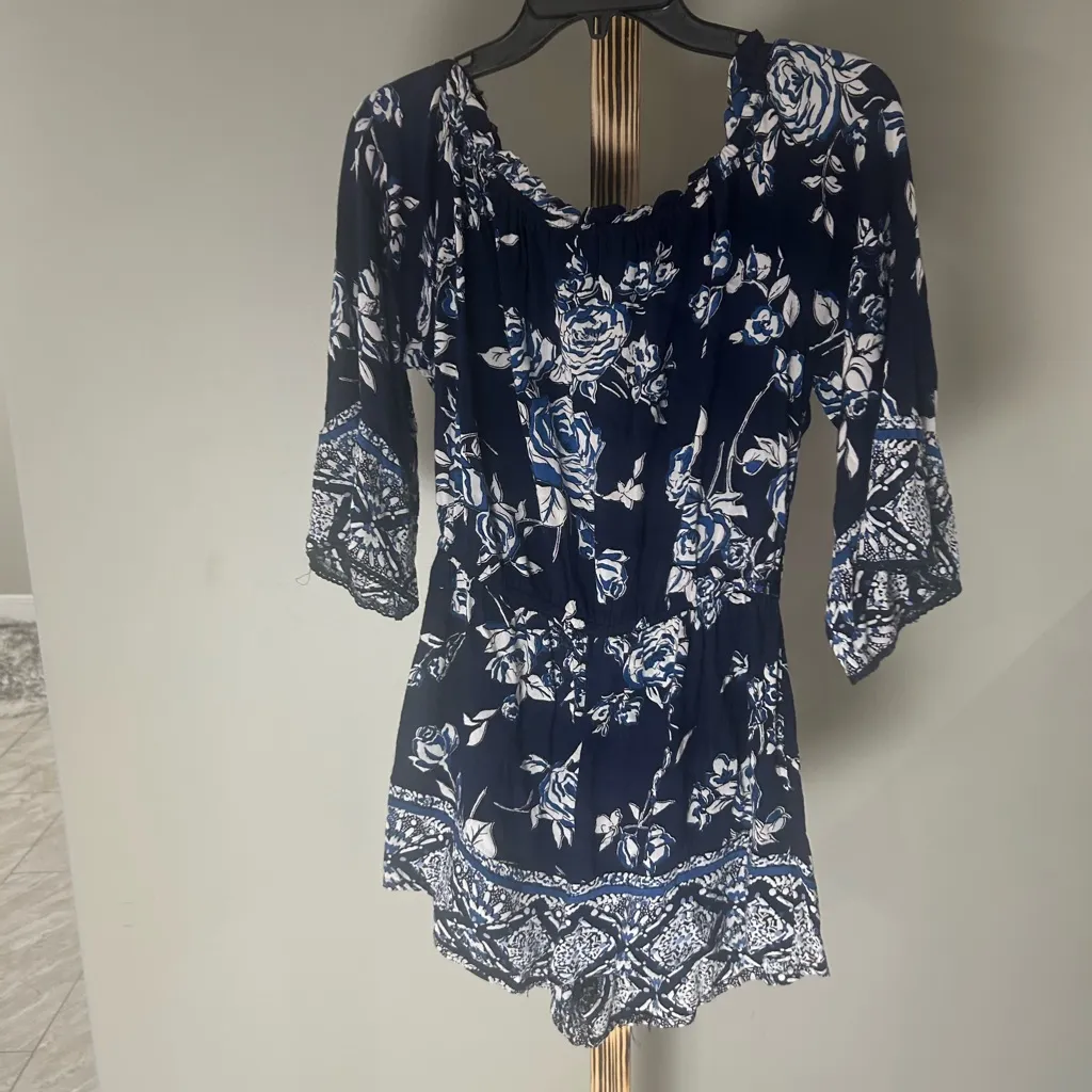 Angie Blue White Floral Boho Romper – Size Large - Image 2