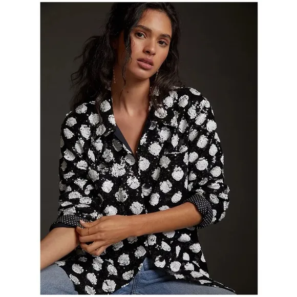 Anthropologie MAEVE x  Sequined Shirt Jacket, Black/White, Small - Image 2