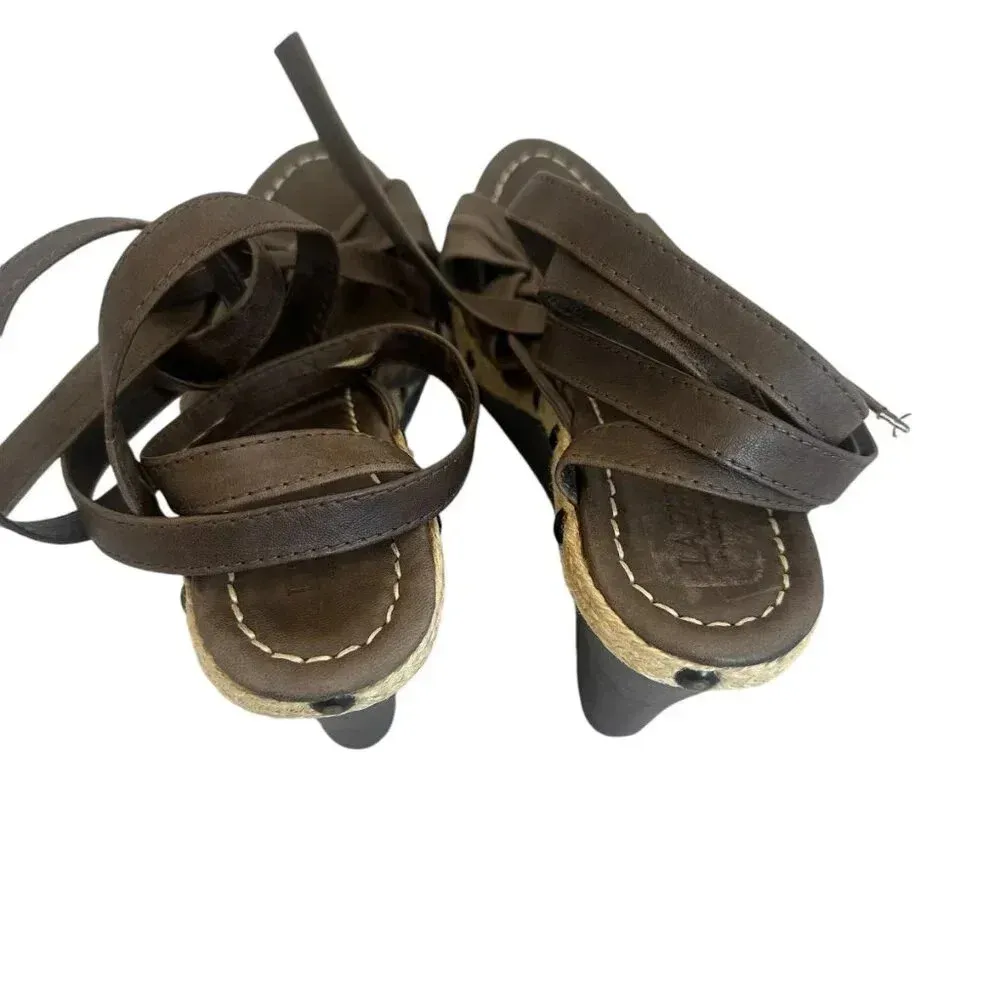 La Perla Brown Leather Ankle Lace-Up Wedges Sandals Jute Stud Size 39 8 Women's - Image 4