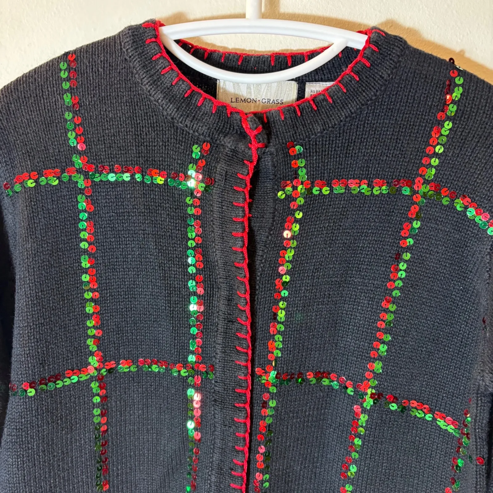 Lemon Grass Sequin Christmas Cardigan Sweater Size PS Black - Image 2