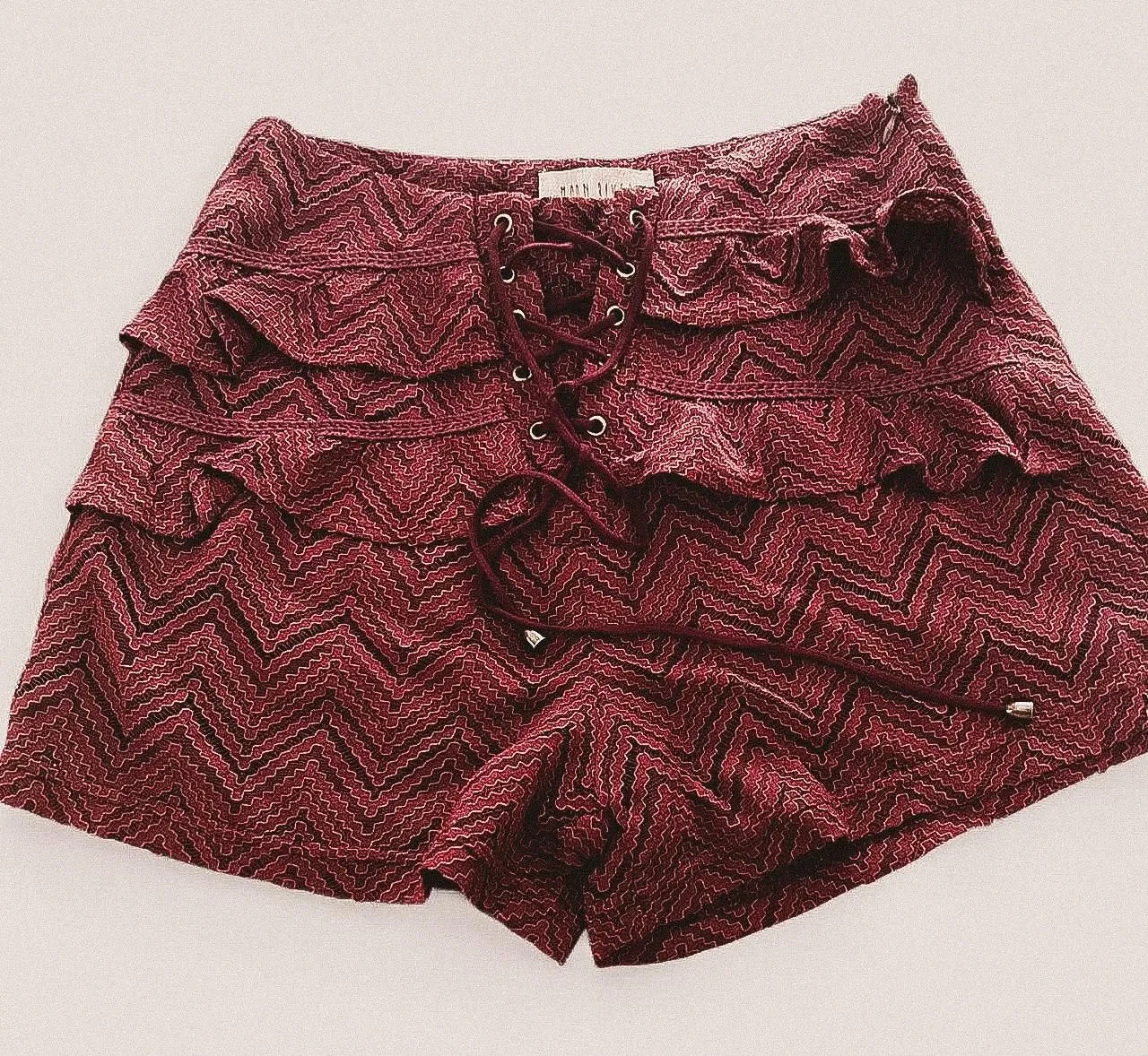 Moon River wine Lace-Up Ruffle Mini Shorts – Boho Romance whimsygoth S NWT - Image 1