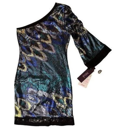 $285 NWT Hale Bob S Mini Dress Sequins Peacock One Shoulder Stretch Feather - Image 1