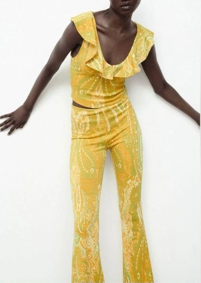 Zara jacquard flare yellow mustard pants NEW - Image 4
